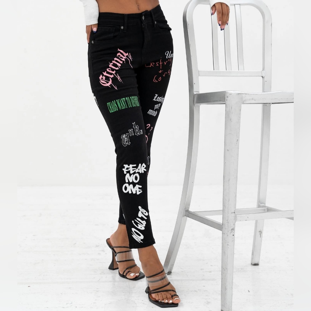 JK Attire Psycho Graffiti Skinny Crop Jeans Black 4 / 28 Streetwear